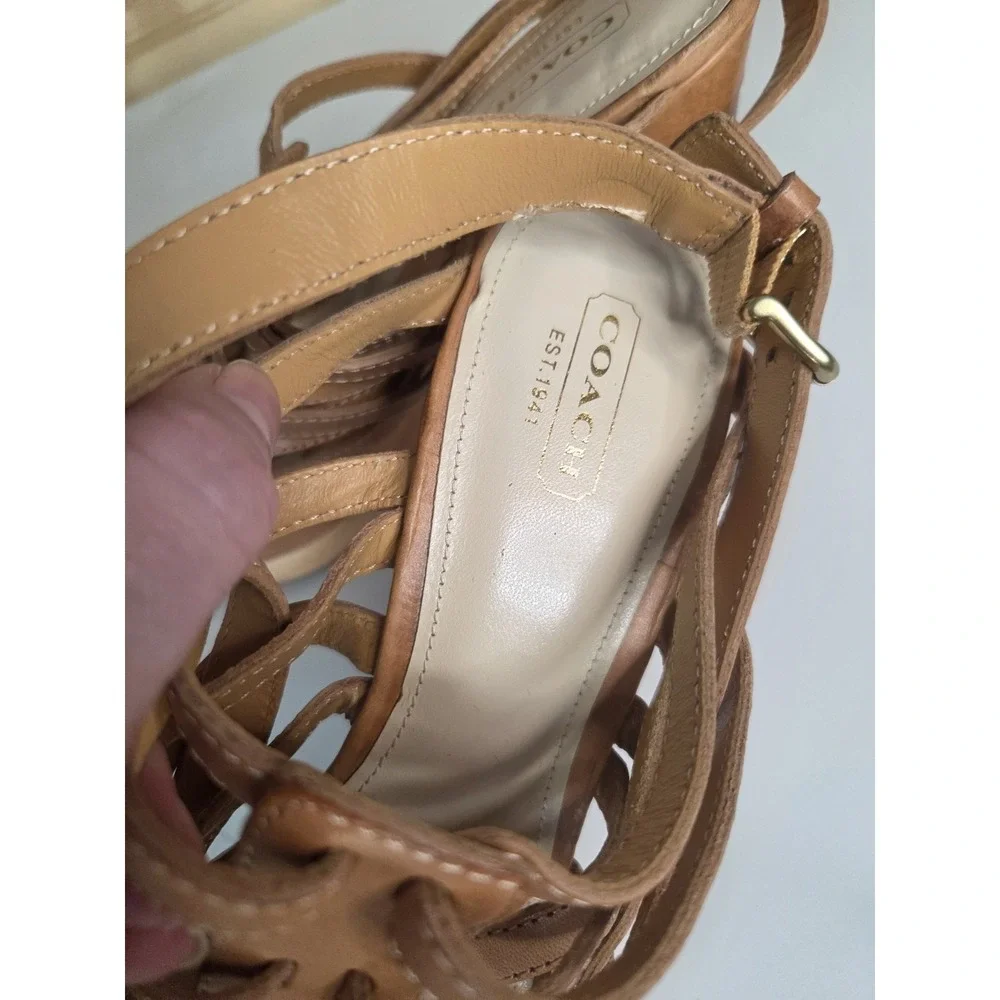 Coach Tan Camel Strappy Brown Platform Wedges‎ Sandals Shoes 9 B Gold Wood Wedge